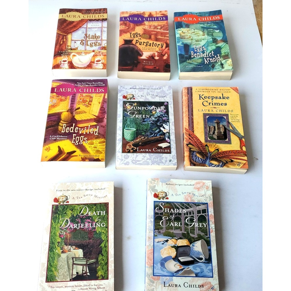 Lot Of 8 Laura Childs A Tea Shop Mystery Books Death Darj Stake & Eggs VTG NOS